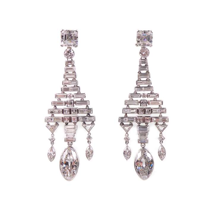 Pair of Art Deco marquise diamond and articulated diamond panel earrings